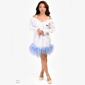 PRADA 2018 WHITE/LIGHT BLUE FEATHER HEM BUTTON UP SHIRT DRESS SIZE 42 IT
